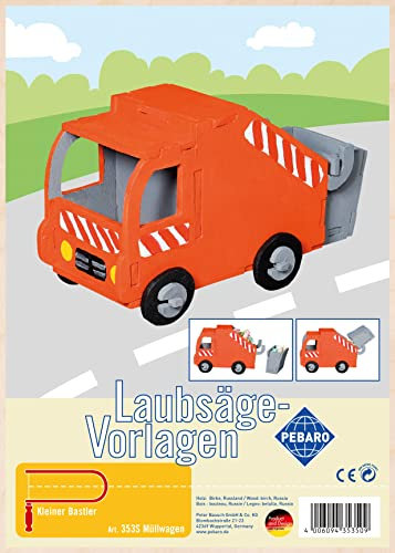 Pebaro 353S Laubsägevorlage Müllwagen, 3mm Sperrholz DIN A 4, Motiv vorgedruckt, aussägen mit Laubsägebogen, basteln, anmalen, fertig, Laubsägen, Basteln mit Holz, Geschenkidee