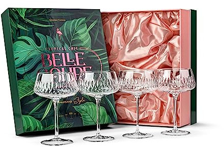 GLASSIQUE CADEAU Vintage Flamingo Belle Coupe Glasses for Cocktails and Champagne | Set of 4 | 340 ml Crystal Retro Style Stemmed Saucers for Elegant Bar Drinks | Tropical Glassware Collection