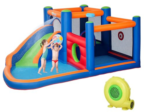 Outsunny Château Gonflable Aire de Jeux jusqu'à 3 Enfants 3-8 Ans avec Toboggan Trampoline piscines souffleur 450W et Sac de Transport Aquatique 380L x 340l x 170H cm - Multicolore