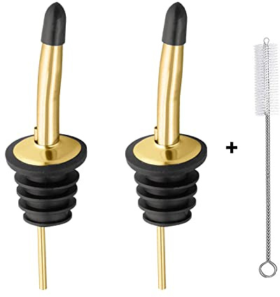 2 Pcs Liquor Pour Spouts, Stainless Steel Liquor Bottle Pourers with Rubber Dust Caps and Cleaning Brush,for Pours Liquid, Olive Oil, Wine(Gold)