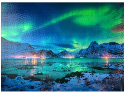 MyPuzzle Aurora Borealis Over Sea Coast, Lights At Night. Northern Lights On Lofoten Islands, Norway - Premium 1000 Piece Jigsaw Puzzle for Adults