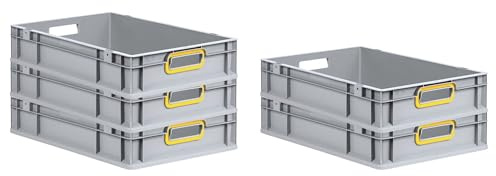 PROREGAL SuperSparSet 5x Eurobox NextGen Color | HxBxT 12x40x60cm | 23 Liter | Griffe gelb offen | Glatter Boden | Eurobehälter, Transportbox, Transportbehälter, Stapelbehälter