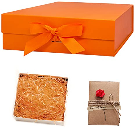 Idota Geschenkbox mit Deckel, Geschenkschachtel Orange Magnetische L | Geschenkboxen mit Schleifenband,Grußkarten,Füllmaterial,Geschenkboxen für Hochzeit Geburtstag Weihnachten Jubiläum (Orange-L)