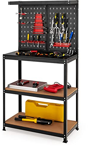 COSTWAY Arbetsbänk med hålvägg och 2 nedre hyllor, arbetsbord för verktygsförvaring, 13 tillbehör att hänga upp, verktygsbänk för verkstad, garage, lager