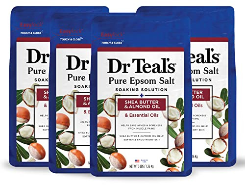 Dr Teal's Pure Epsom Magnesium Salt Soak, Shea Butter & Almond, 3 lbs (Pack of 4)