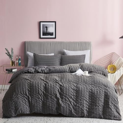 Freyamy Seersucker Bettwäsche 155x220 Grau Geprägt Gestreift Bettwäsche Set