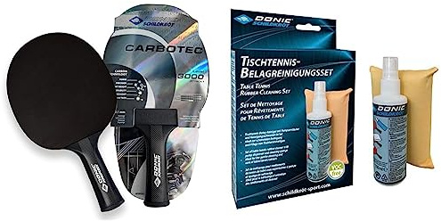 Donic-Schildkröt Carbon Tischtennisschläger CarboTec 3000 & Donic-Schildkröt Tischtennis Reinigungsset, 100 ml Belagreiniger im Pumpzerstäuber und Reinigungsschwamm, 828529