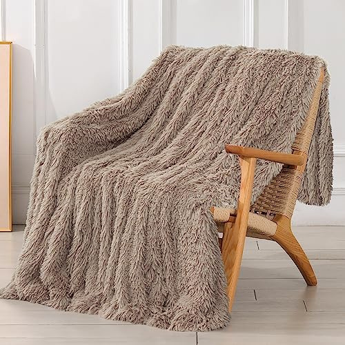 Tuddrom Coperta decorativa extra morbida in finta pelliccia, 127 x 152,4 cm, tinta unita, reversibile, leggera, a pelo lungo, soffice e confortevole, in pile di microfibra, per divano, letto, cachi