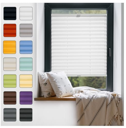 Fenster Plissee ohne Bohren zum Kleben Innenrahmen - Thermo Plisseerollo Innen - Rollo Jalousie, Halterungen auf Rahmen, Faltrollo, Sichtschutz, Blickdicht, für Fenster & Tür - Weiß, 95 x 110 cm
