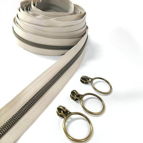 Leekayer The Yard Bulk 5 Stück 9,1 m Metallic-Nylon-Reißverschlüsse mit 25 antiken Messingringen für DIY Nähen Nähen Handwerk Taschen (Beige)
