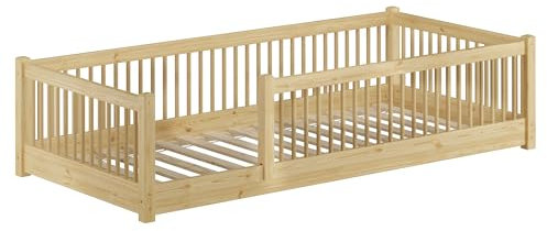 Erst-Holz®Kinderbett niedriges Bodenbett Kiefer Natur 90x200 Kleinkinder Laufstall ähnlich V-60.65-09Rollrost inkl.