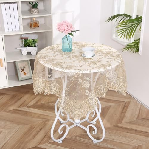 Wambere Bestickte Spitzentischdecke Spitze Tischläufer Gestickte Tischdecke Häkelspitze Spitzentischläufer Tischtuch Tischset Tischdekoration für Hochzeit Party Geburtstag Dekoration,Beige,80x80cm