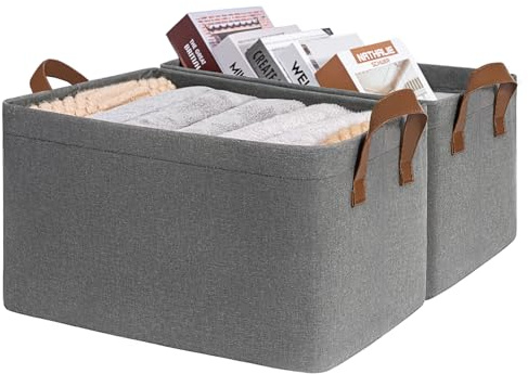 TIMEYARD Aufbewahrungsbox, Korb Aufbewahrung, Aufbewahrungskorb für Badezimmer, Regal, Schreibtisch, Bad, Wäschekorb Faltbar, Schrank Organizer, Rechteckig, 37L x 26B x 21H cm, 20L x 2, Grau