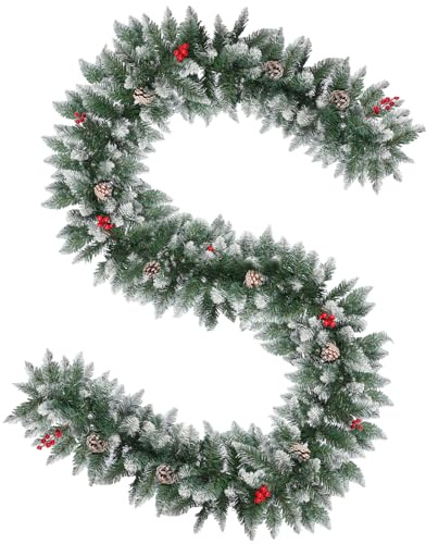 EDWINENE Weihnachtsgirlanden, 2,7 m Weihnachtsgirlanden-Dekoration mit Blumen und roten Beeren, Tannenzapfen, Innen- und Außengirlanden (Snow with red Berry and Pine Cone)