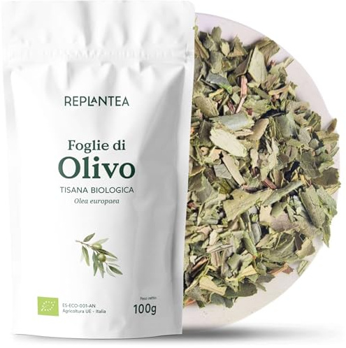 REPLANTEA Tisana Foglie di Olivo Bio 100g (50 Tazze) | Coltivata in Italia e Tritate per Tè o Infuso
