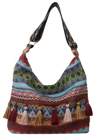 Umimiss Macrame Bag Bule -Straw Handbags for Women Uk,Hippie Bag,Boho Bag,Bohemian Ethnic Crossbody Bags Colorful Tassels,Vintage Ethnic Tribal Embroidered Tassel Sling Crossbody,Hippie Crossbody Bag