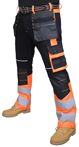 HASHOOB TRADING FZE Pantalon de travail pour homme avec bande réfléchissante, haute visibilité, plusieurs poches, Orange, 32W / 30L