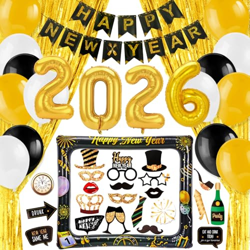 HOWAF Silvester Deko 2027, Deko Silvester Party Set, Happy New Year Girlande, 2027 Ballon, Foto Requisiten, Lametta Vorhang Gold, Luftballons für Neujahrsdeko Silvesterdeko Happy New Year Deko 2027