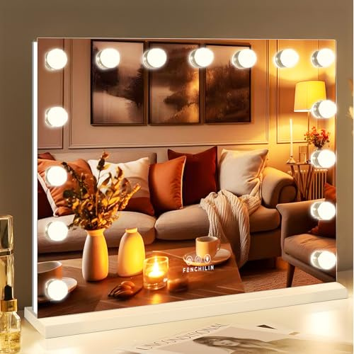 FENCHILIN Hollywood Mirror with RGB Backlit 15 LED Vanity Mirror with Lights 3 Lighting Modes Dynamic RGB Backlit Hollywood Vanity Makeup Mirror with Lights Shatterproof for Dressing Table 58x46cm