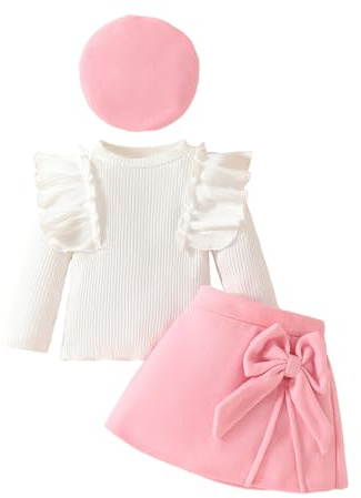 LUVCES Conjunto Ropa Niñas Pequeñas Otoño Invierno Manga Larga con Volantes Punto Top+ Elegante Minifalda con Pajarita + Boina 3 Piezas Niñas Falda Trajes Rosa 12-18 Meses