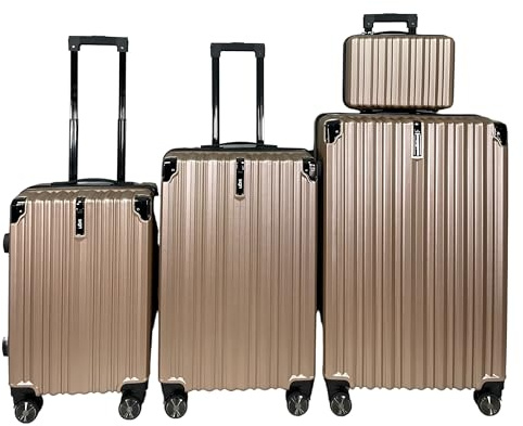 SIGN Hartschalen Reisekoffer Trolley ABS Tasche Leicht 4 Doppelrollen (Handgepäck-Mittel-Groß-Set) Nummernschloss (Gold, 3er Set)