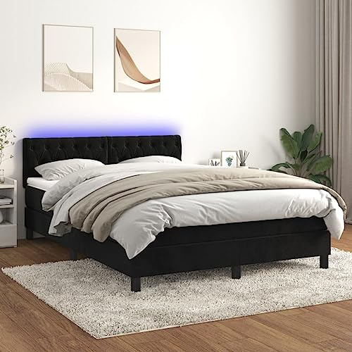 Hommdiy Boxspringbett mit Matratze & LED Schwarz 140x200 cm Samt Knopfheftung Design