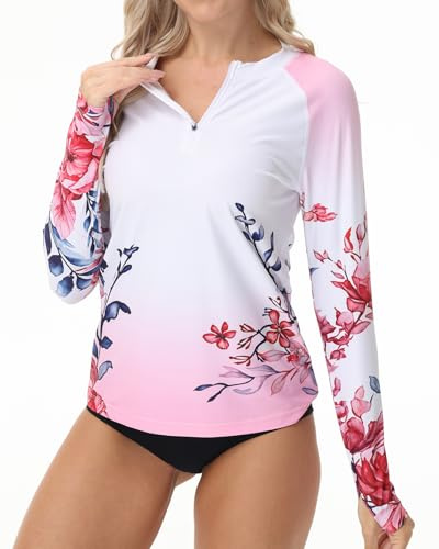 VAYAGER Rashguard Femme, Maillot de Bain à Manches Longues 1/4 Zip, Protection Solaire UV UPF 50+, Séchage Rapide, Haut de Natation pour Surf