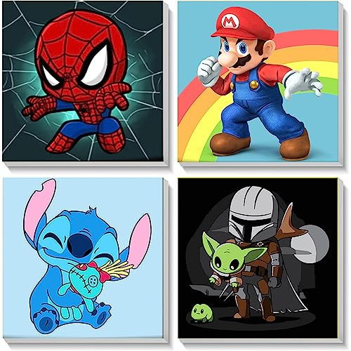 KOJEFCV 4 Pack Cartoon Paint by Number for Kids with Wooden Frame-Paint by Numbers for Kids Ages 4-8-12, DIY Paints with Numbers Easy Acrylic Oil Painting Kits for Home Wall Decor (8X8inch)