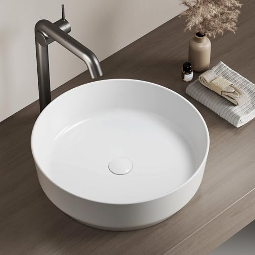 EMKE Lavabo rond en céramique, 39 x 39 x 12 cm, installation sur plan de travail, blanc brillant, idéal pour salles de bains et toilettes d'invités