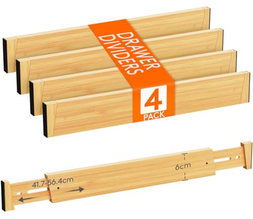 Lifewit 4 Juegos de Separadores de Cajones Ajustables en Bambú, 6 cm de Altura 42-56 cm de Largo, Divisores de Gavetas para Ropa/Camisetas/Pantalones, Organizadores de Armarios/Cocina/Escritorio