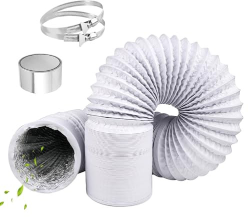 150mm Tumble Dryer Vent Hose 4.2m Long PVC Aluminium Flexible Ducting Hose with 2 Clamps,1 Volume Tape White Air Ducting Vent for Air Conditioner, HVAC Ventilation, Cooker Hood, Extractor Fan