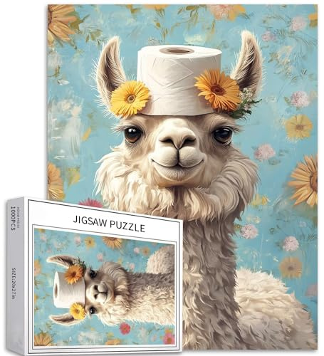 Puzzle de 1 000 pièces en forme d'alpaga mignon avec papier toilette sur la tête pour adultes - Animaux humoristiques - Jeux d'activités familiales - Puzzle coloré pour décoration d'intérieur -