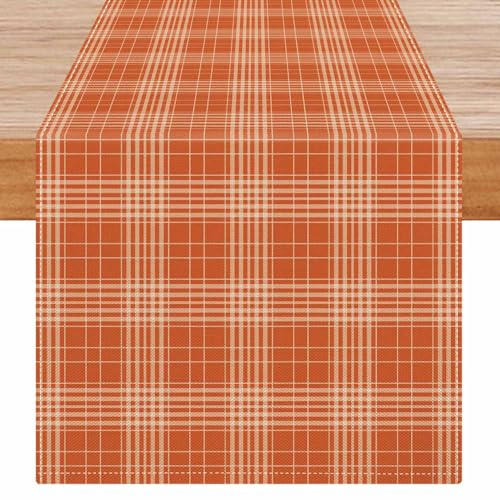 Avalune Herbst Tischläufer Orange Kariert Tischdeko Esstisch Modern Rustikal Geometrische Tisch Läufer Abwaschbar Herbstdeko für Küche Innen Outdoor Party Garten Hochzeit Esszimmer Deko 40x140 cm