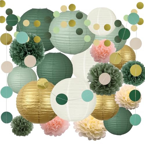 23 Stück Papier Lampions Set Salbei Grün und Gold, Salbeigrün Lampions | Runde Papierlaterne für Braut Hochzeitsdekorationen Geburtstagsfeier Gartenparty Salbeigrün Deko