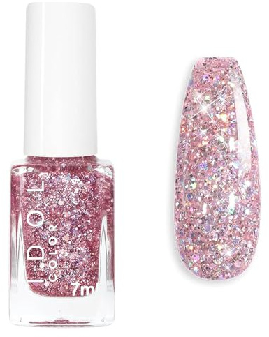 Pink Glitter Nail Polish - High Glossy Sparkly Shimmer Nail Varnish - Quick Dry Holographic Sparkle Pink Nail Paint - Long-lasting Sequins Nail Art Varnish No UV Need