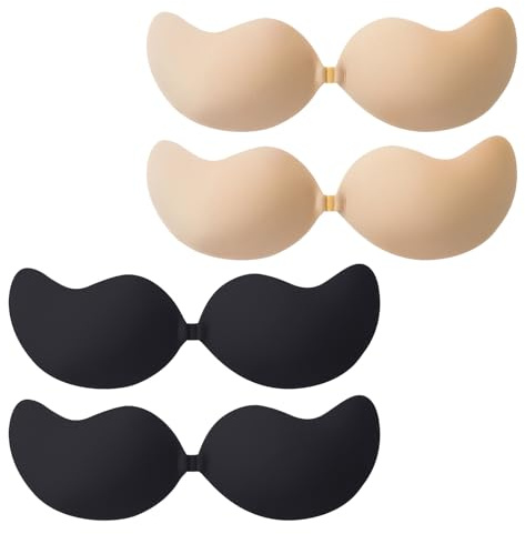4 PCS Sticky Bra Push Up - Invisible Backless for Summer V-Neck, Club Dresses, and Wedding Outfits - Push Up Sticky for A Cup Size with Strong Adhesive for Low-Back Styles Black, Beige