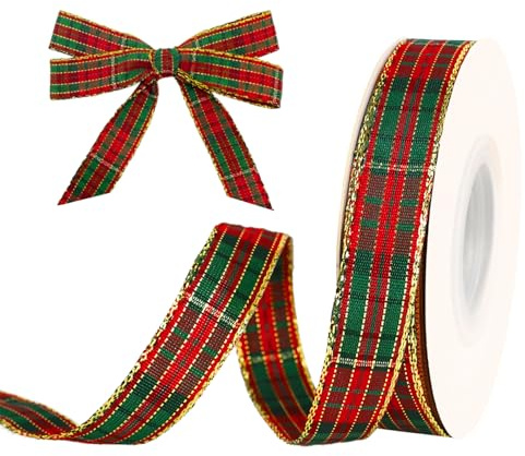 Vuemhjaey 22 m langes und 16 mm breites rot-grün kariertes geschenkband weihnachten - juteband breit für weihnachtliche dekoration und verpackung