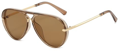 YAMEIZE Retro pilot solglasögon för dam herr 70-tal dubbeldäck vintage solglasögon metallram nyanser av guld UV400, Brun/ljusbrun