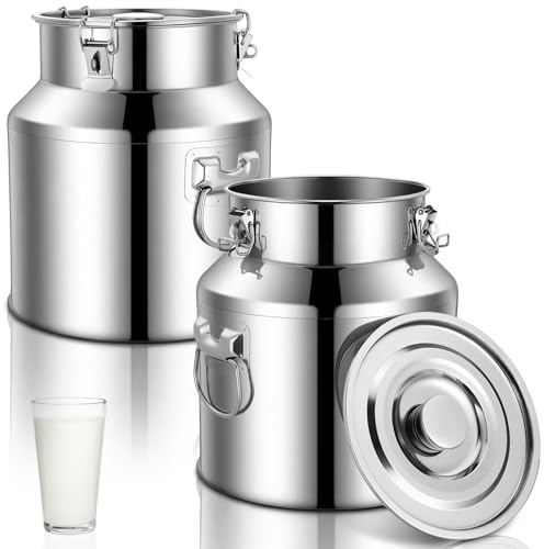 FillTouch 2 Pcs Stainless Steel Milk Can 22L/ 5.81 Gallon Heavy Duty Metal Milk Water Dispenser Container Pail Jug with Locking Sealed Lid Food Wine Oil Storage Container for Home Farm Kitchen