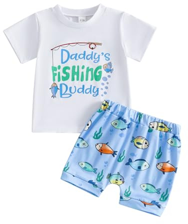 CREAIRY 2Pcs Toddler Baby Boy Clothes Daddy's Fishing Buddy Short Sleeve T-Shirt Tops Shorts Pants Set Summer Outfits (Blue, 18-24 Months)