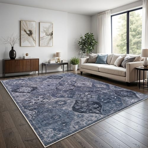 TT Home Boho Vintage Teppich Wohnzimmer Kurzflor - Retro Design, rutschfest & pflegeleicht, modern für Esszimmer & Flur Waschbar, Farbe:Blau, Größe:160x220 cm