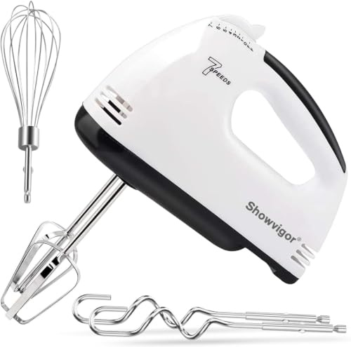 7-Speed 300W Electric Hand Mixer, Stainless Steel Whisk for Baking, White | Supplied with 304 Stainless Steel Beaters, Hooks & Whisk. One-Button Eject, Low Noise Handheld Mixer for Cream, Eggs & Dough
