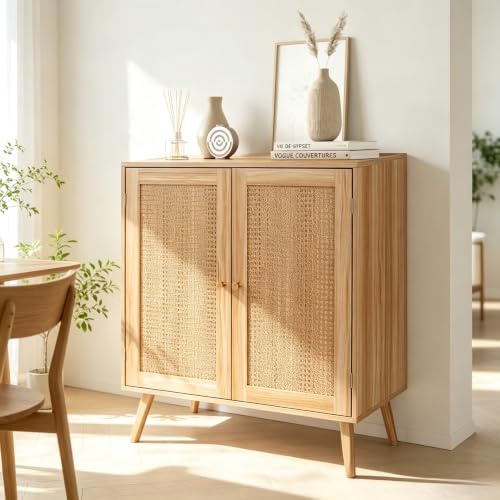 Garvee Sideboard Rattan Kommode Holz mit 2 Türen, Wiener Geflecht Schrank Anrichte Boho Holzschrank mit Massivholzfüßen & Verstellbarem Einlegeboden für Wohnzimmer, Flur, Küche, 80x40x88cm, Natur