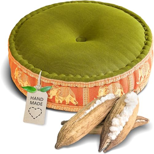 livasia Meditationskissen mit Thaiseide - Ø 45x15cm - Yogakissen mit Kapok, Pouf, Bodenkissen für Yoga und Zen Meditation, Sitzkissen für Garten und Balkon, Zafukissen (Grün/Orange/Elefanten Seide)