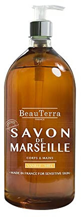 BeauTerra - Jabón de Marsella Líquido, 1L - Vainilla y Miel - Cuerpo y Manos - 96,5% de ingredientes de origen natural - 100% fabricado en Francia
