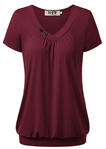 DJT Damen Sommer Casual Basic T-Shirt Kurzarm V-Ausschnitt mit Knopf Deko Elegant Falten Tuniken Oberteile Tops