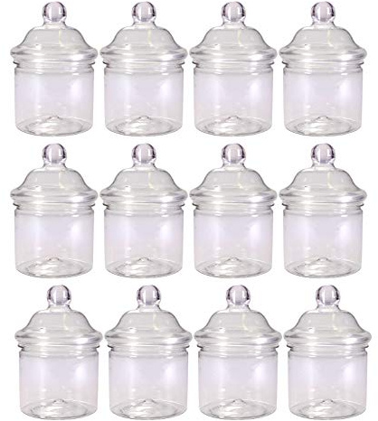 Pack of 12 Small Round 250ml Plastic Sweets Jars with Victorian Lids by Britten & James. Perfect for Weddings, Parties and Food Storage