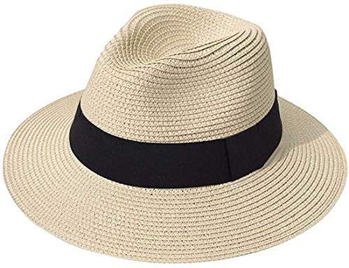 DRESHOW Donna Cappello Panama Cappello da Spiaggia in Paglia Fedora Cappello Arrotolato in Paglia a Tesa Larga Cappelli