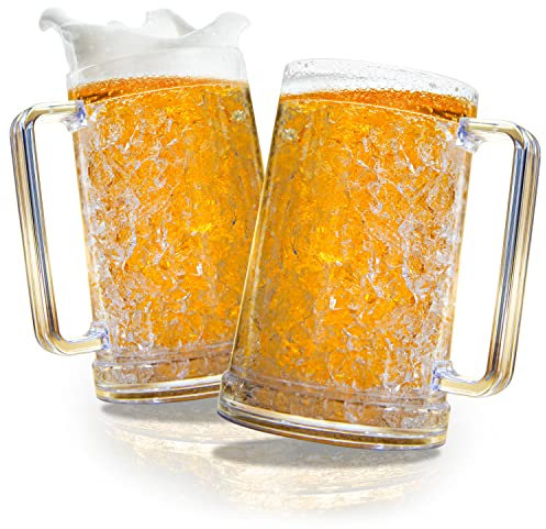 Granatan Set of 2 Frozen Beer Mugs for Freezer 16 oz, Clear Double Walled Beer Mugs with Handles