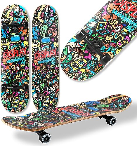 WeLLIFE Skateboard Completo per Principianti, Bambini, Giovani e Adulti, Skate Serie RGX in Legno 80x20 cm in 9 Strati d’Acero Concavo Double Kick, Cuscinetti Abec-7, Disegno su Grip Tape